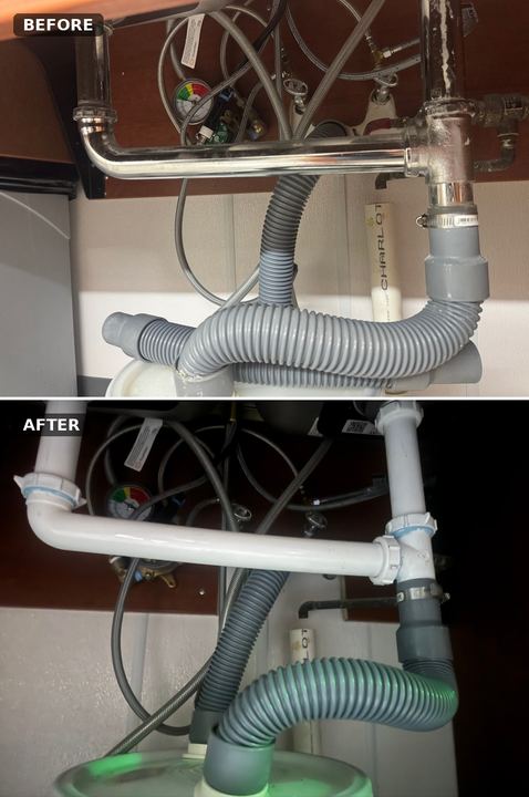 Under-sink plumbing, before and after